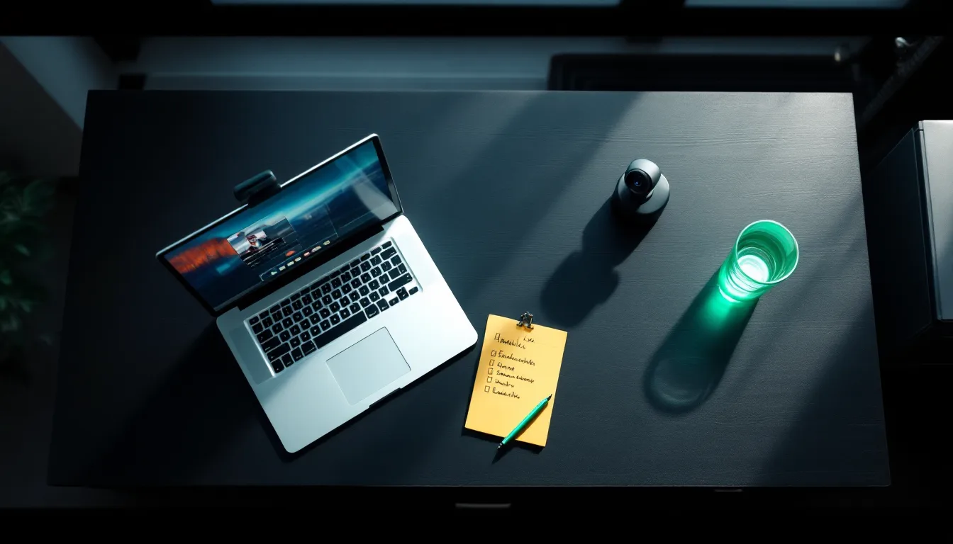 Overhead view of a minimal desk by a window: a laptop with a webcam on a video call, a legal pad with a checklist, and a locked filing cabinet