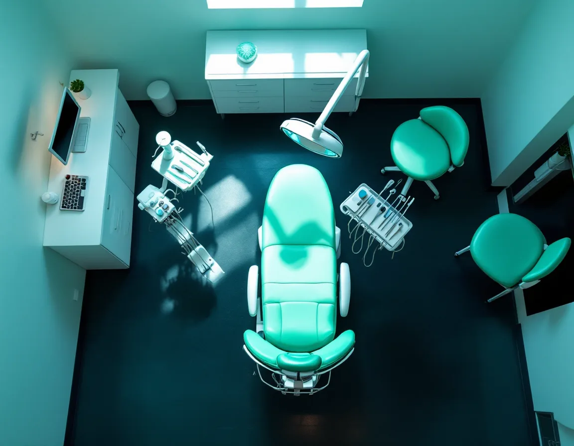 A dental operatory seen from directly above: patient chair, light arm and an instrument tray in neat rows