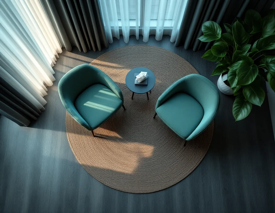 A therapy office from above: two facing armchairs on a round rug, a side table with a closed laptop, striped light from blinds